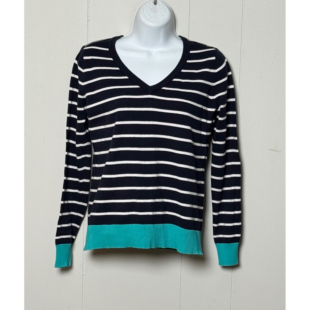 Caribbean Joe Petite Navy White Stripe V-Neck Cotton Sweater Turquoise Trim Sz M